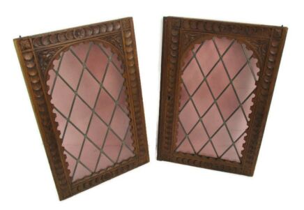 pair Antique French Carved Wood Oak Door Panels Reclaimed Architectural Leaded Cranberry Glass