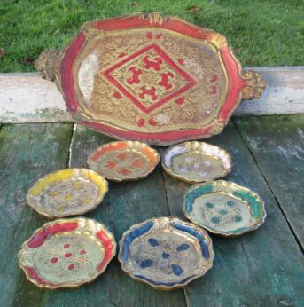 Italian Mid Century Hollywood Regency Florentine 6 coasters Red Tray gold gilt