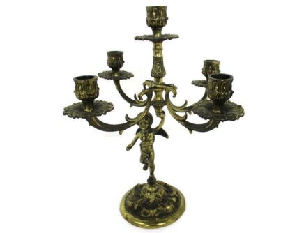 Vintage Brass Ornate 5 Arm Candle Holder Candelabra Putti Angel with Wings Rare Gorgeous