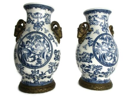Pair Antique Urns Vases Ramsheads Brass Porcelain Blue white Putti Cherub Angel