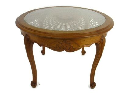 Round Side Display Coffee Table hand Carved Wood Glass Rush Top Louis XV style