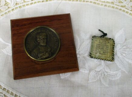 St Louis Marie de Montfort Grignion Medallion on Wood and Relic Cloth Collector