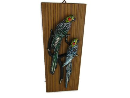 Lovely Vintage Retro 70s Wall Hanging Plaque Veneer Lovely  Parrots Plastic