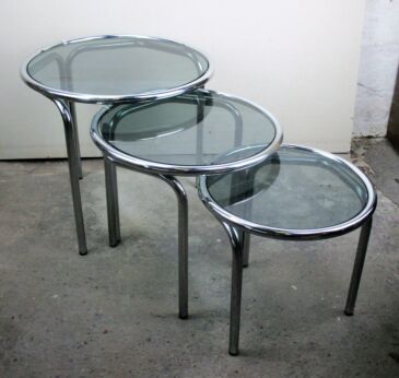 3 Vintage Smoked Glass Nesting Side Wine Coffee Tables 3 pieces Round Chrome
