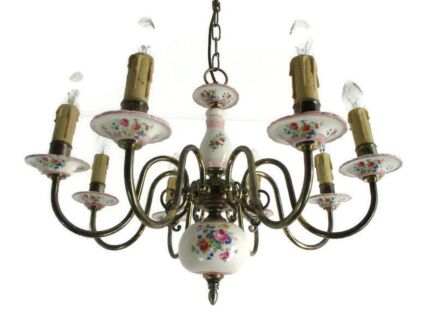 Romantic Chandelier 8 arm Brass Pink Porcelain Flowers Mid Century Modern Italy