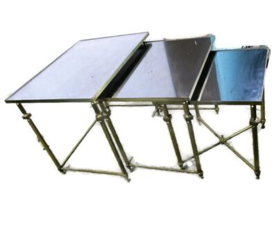 Vintage Nesting Coffee Side Tables Brass Smoked Glass Bar Cart era Maison Jansen