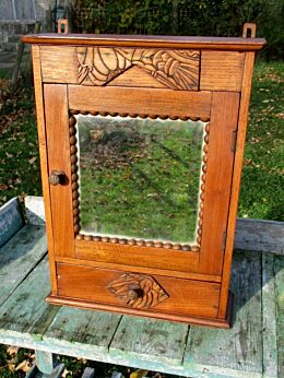Antique Carved Wood Medicine Wall Cabinet Beveled Glass mirror Apothecary Oak  