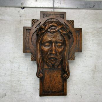 Gorgeous hand Carved Wood Art Jesus Christ Head of Thorns Sculpture Crucifix Oak