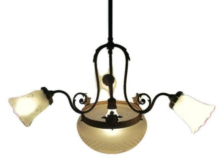 Art Nouveau Deco Etched Glass Shade French Chandelier 4 Lights Stylish Elegant