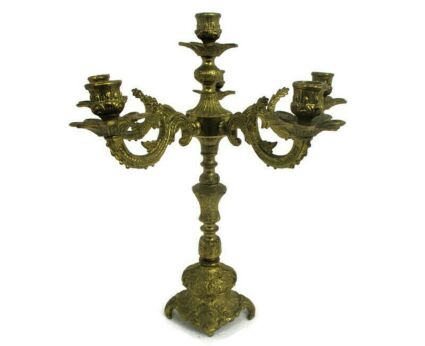 Gorgeous Brass Ornate Embossed Candle Holder Stick Candelabra 5 arm Flowers Lovely Vintage