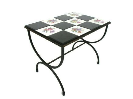 Vintage Small Side Table Plant stand Mosaic tiles Checkered pattern Wrought Iron Funky  Modernist