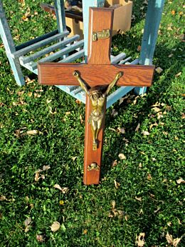 Large Hand Carved Wooden Hanging Crucifix Cross Brass Jesus Christ 27.36"