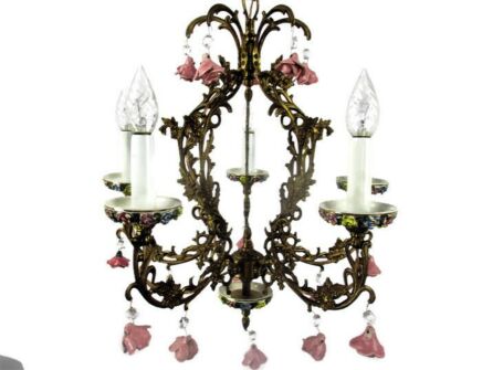 Chandelier Porcelain Pink Flowers 5 Lights Brass Romantic Vintage Mid Century