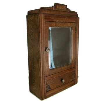 Vintage hand Carved Oak Medicine Wall Cabinet Apothecary Pediment Beveled Glass