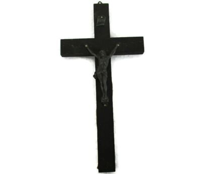 Small Vintage Wood  Spelter Hanging Crucifix Jesus Christ Priest Nun  with Inscription 6.29"