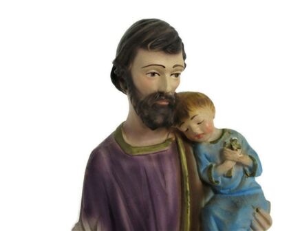 Statue Saint Joseph Protector of Homes Infant Jesus Christ Statue Plaster Polychrome Lovely Child 12.59"