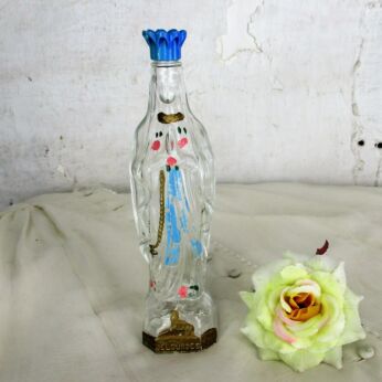 Our Lady of Lourdes Glass Bottle Statuette Holy water French HTF Collector