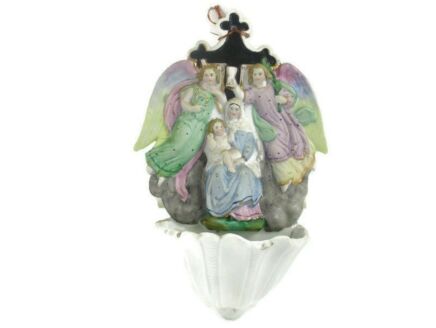 porcelain Bisque Holy Water Font Vessel Virgin Mary and Infant Jesus  Angels Wall Hanging Vintage