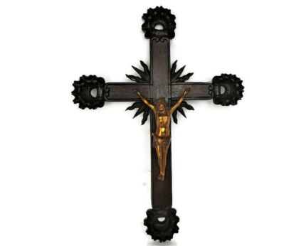 XL Hand Carved Wood French Hanging Ornate Crucifix Copper Corpus Jesus 25.19"