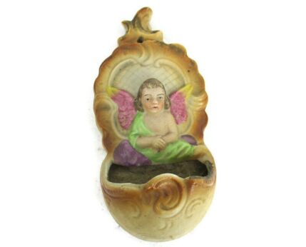 Holy Water Font Vessel Vintage Porcelain Angel Small