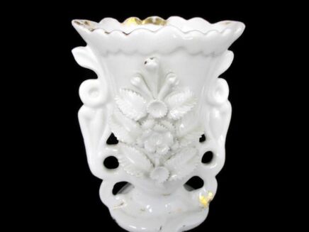Miniature Antique Porcelain Fan Flair Bridal Vase ornate white Lovely 4.33"