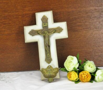 Antique Hanging Holy Water Font Marble Brass Spelter Crucifix Jesus Christ