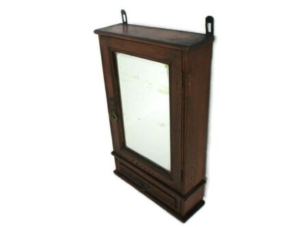Kitchen Apothecary Medicine Pharmacy Bathroom Wall Cabinet Hand Carved Wood Beveled glass Mirror Ornate Pediment Barn Country Style