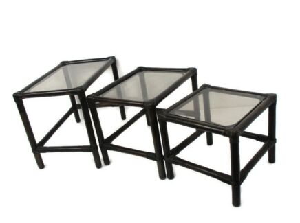 Set of 3 Vintage Nesting Coffee Side Tables Faux Bamboo Rattan Lounge Tiki Style
