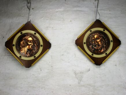 Couple 20s Bauhaus Jesus Christ Virgin Mary Piëta Icons Wall Plaques on Wood