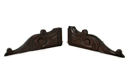 Pair French Corbels Hand Carved Wood Oak Pediment Ornate Finial Architectural Brackets Finials Antique