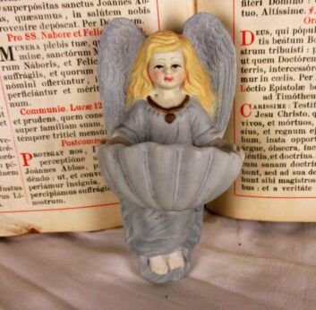 Vintage French Holy Water Font Vessel Bisque Porcelain Angel Collector HTF 6.2"