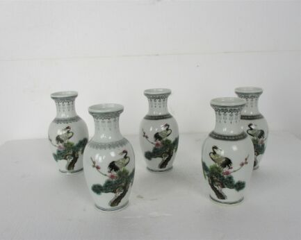 lot of 5 mini miniature small Chinese Republic vases Bird of Paradise