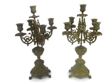 Pair Couple Antique  Gorgeous Brass Ornate Embossed 5 arm Candle Holder Sticks Candelabras