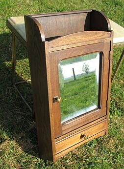 Antique French Carved Wood Medicine Wall Cabinet Beveled Glass mirror Drawer