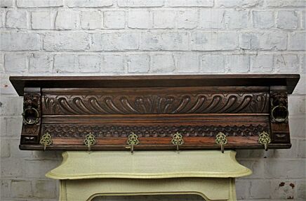 Vintage Antique Ornate Hand Carved Wood Coat Hat Rack Lion Heads Rings 6 Hook