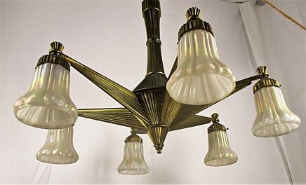 Art Deco Nouveau Chandelier 6 Arms Lights Bell Shades Brass Bronze Stunning