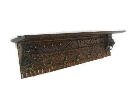 Gothic Ornate Hand Carved Oak Coat Kitchen hat Rack Lion Heads Rings Sunflowers