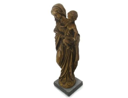 Virgin Mary Madonna Holy Mother Infant Child Plaster Statue on granite base Modernist Signed A.S.