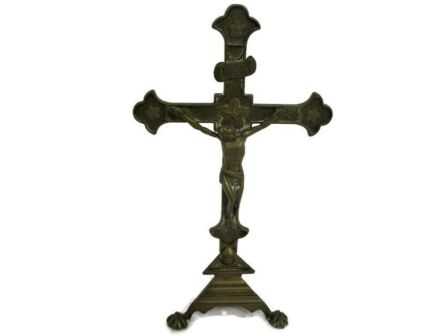 Small French Embossed Brass Standing Crucifix Ornate Lovely Jesus Christ 10.43"