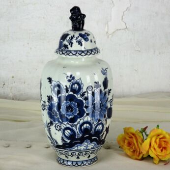 Small Vintage Delft Lidded Vase Urn Blue White Foo Dog Marked Goedewaagen 11."
