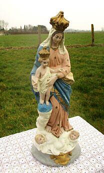 Antique Chalkware Plaster Madonna with Child Statuette Notre Dame des Victoires