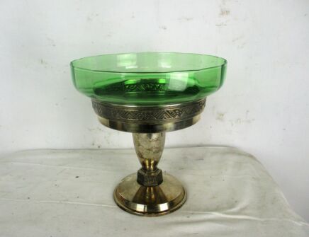 Art deco 1920s Communion dish Bowl Ciborium Tray Green Glass Silver Plated Brass Catholic Church