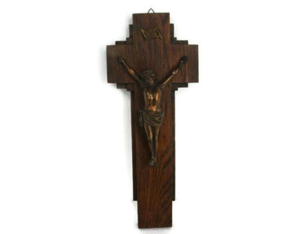 Vintage Ornate Wood Hanging Crucifix Cross Jesus Christ Red Copper Corpus 18.3"