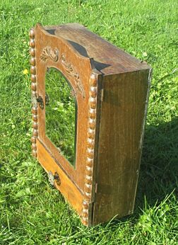 Antique Art Deco French Oak medicine Wood Carved bathroom Cabinet Glass Beveled Mirror apothesary