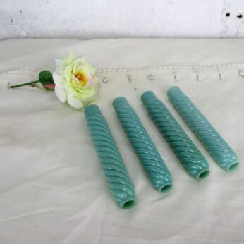 4 Antique Custard Blue green Swirled Glass Bobeche Candle Chandelier Sleeves