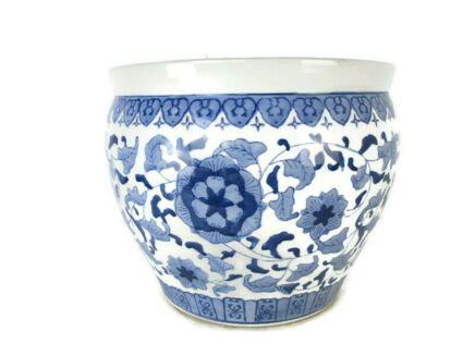 Large Chinese Porcelain Fish Koi Bowl Cachepot Jardiniere Planter Blue White Beautiful