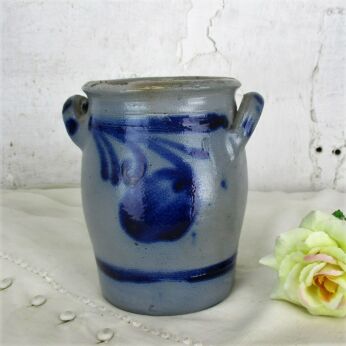 Antique French Stoneware Earthenware Crock Jar Lard Cobalt gray Decorative 6.29"