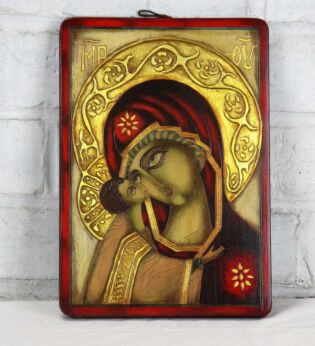 Religious Romanian Icon Madonna with Infant Child Painted on Wood