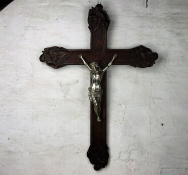 XL Vintage Ornate Wood Hanging Crucifix Cross Jesus Christ Spelter Corpus 30"