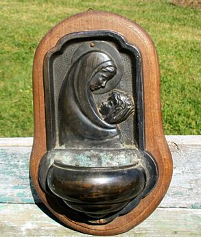 Vintage Holy Water Font Brass on wooden Panel Virgin Mary with Child
